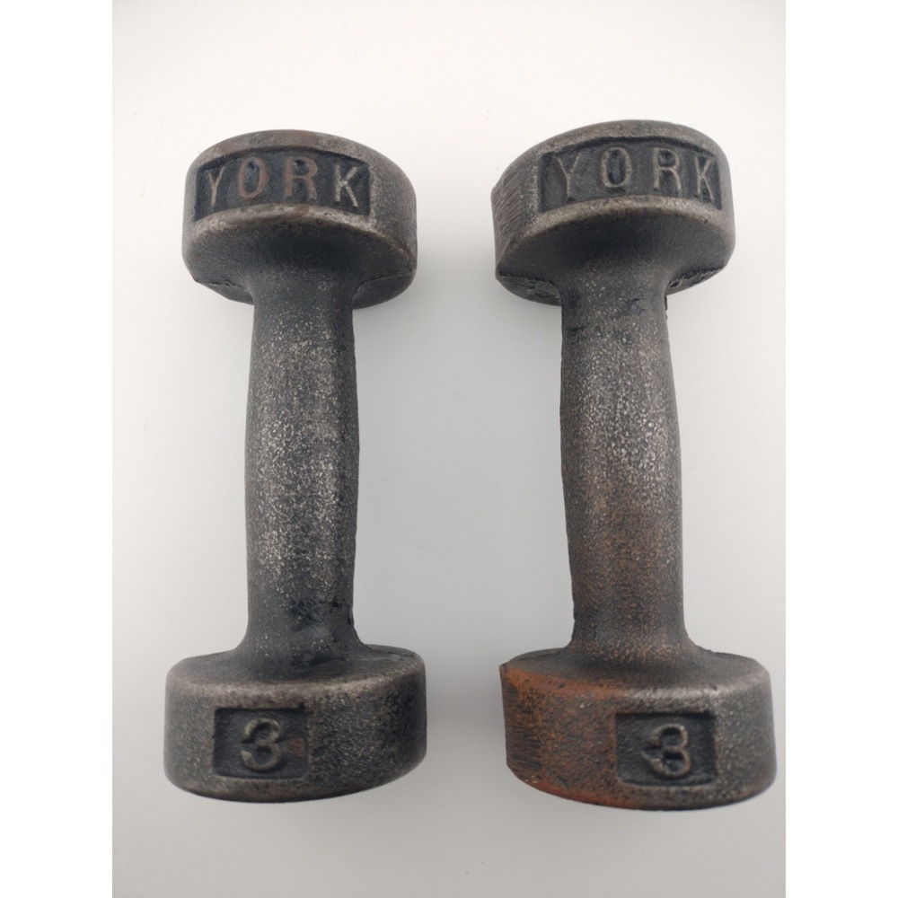✨Vtg York Barbell Roundhead Dumbbells 2- 3Lb Cast iron USA Total 6lb Round Head